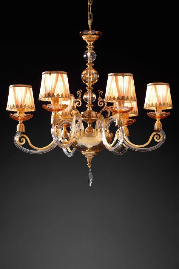 Люстра подвесная с абажурами янтарная, золото сатинированное Lyra Euroluce Light of Italy — фото 1